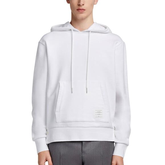 Thom Browne White Loopback Jersey Knit Center Back Stripe Pullover Hoodie Sz 2 M